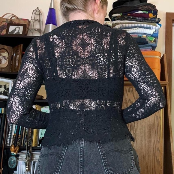 90s Caché Black Cotton Crochet Lace Zip-Up Blouse - Picture 6 of 15